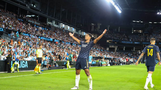 Jude Bellingham pictured celebrating after scoring Real Madrid's winning goal in a 1-0 victory at Celta Vigo in August 2023